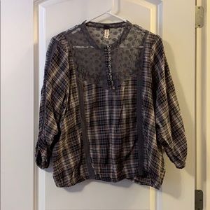 Free People Plaid and Lace Shirt